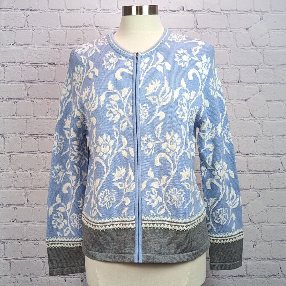 Vintage Talbots Sz L Cardigan Sweater Full Zip Blue White Gray Mint Long Sleeve